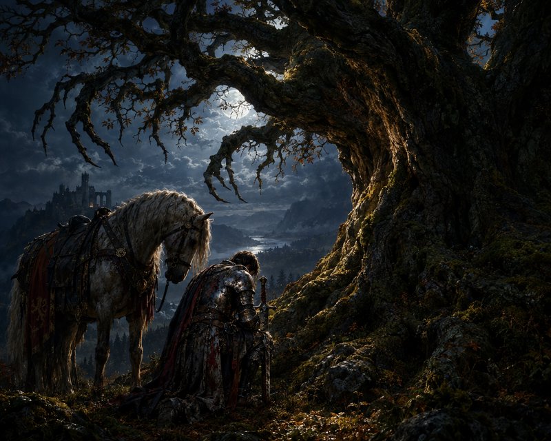 Armored knight kneels beside his white warhorse under a gnarled ancient tree on a moonlit night