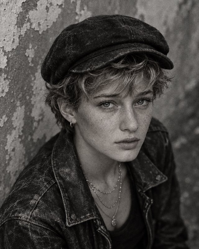 Monochrome close-up portrait of a freckled person wearing a newsboy cap and leather jacket