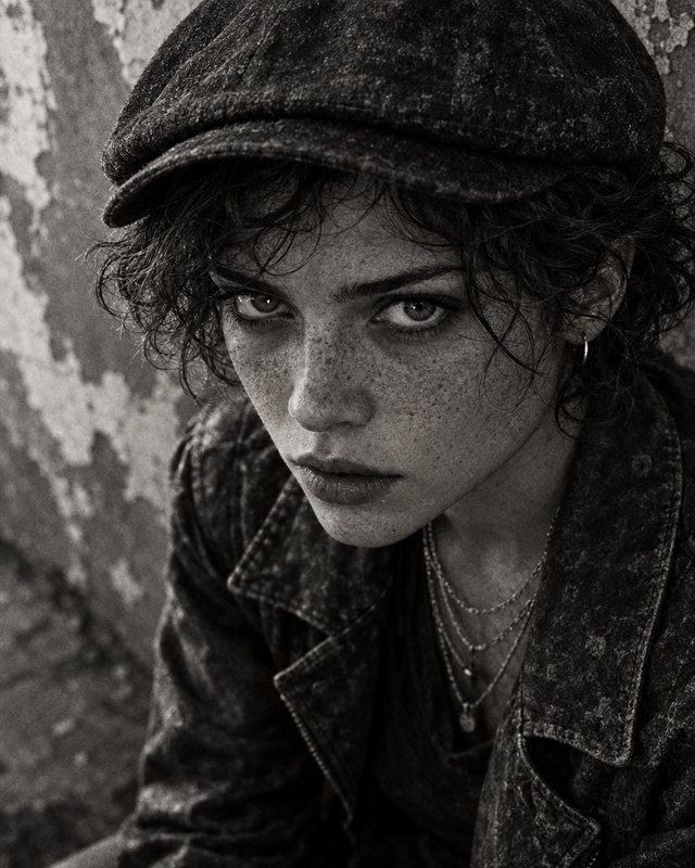Close-up black and white portrait of a freckled woman in a newsboy cap staring intently at the viewer