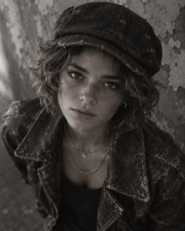 Black and white portrait of a freckled young woman in a worn cap looking up at the camera