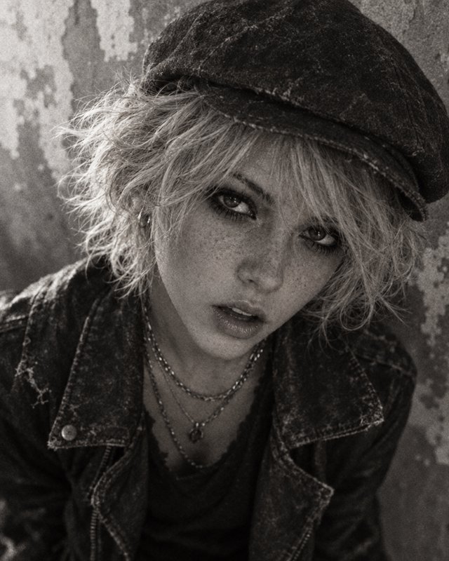 Close-up black and white portrait of a freckled blonde woman in a newsboy cap looking up at the camera