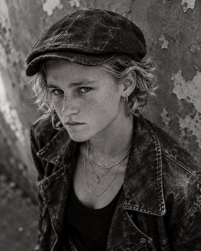 Black and white close-up portrait of a freckled young person in a newsboy cap gazing directly at the viewer