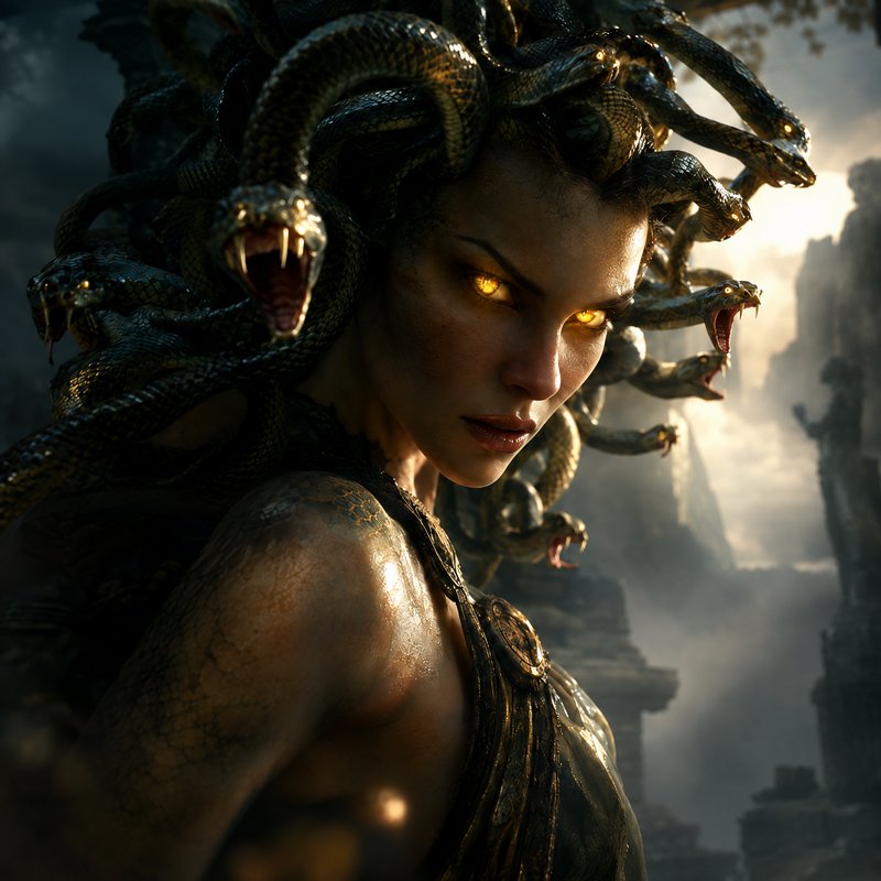 Fierce Medusa with glowing golden eyes and hissing snake hair glares from misty ancient stone ruins