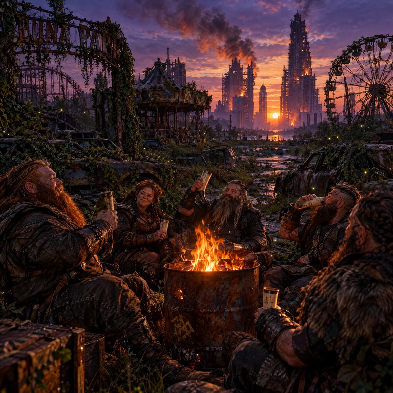 Viking survivor group toasts around a barrel fire in an overgrown abandoned amusement park at sunset
