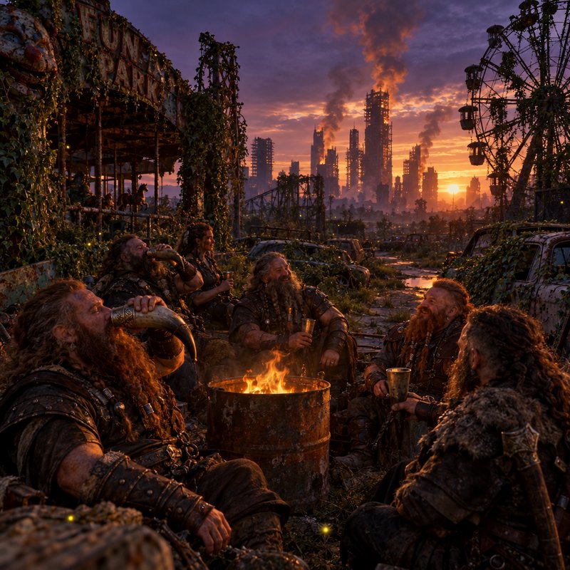 Bearded armored viking survivors drink around a barrel fire in an overgrown abandoned fun park at sunset