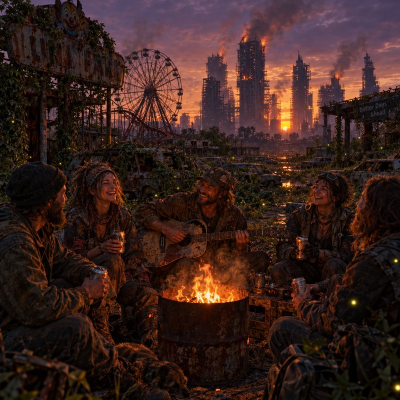 Group of post-apocalyptic survivors sit laughing around a campfire as one plays guitar in an overgrown abandoned amusement