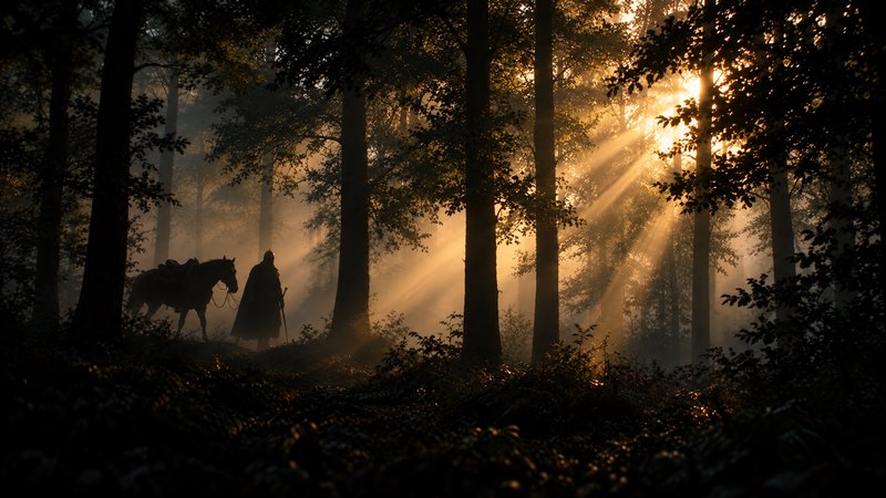Silhouetted robed traveler and horse stand in a misty sunlit old growth forest at golden hour