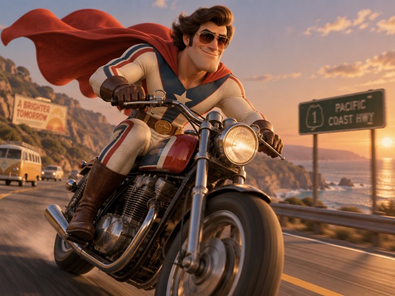 Stylized retro superhero with a flowing red cape riding a vintage motorcycle along Pacific Coast Highway at golden hour
