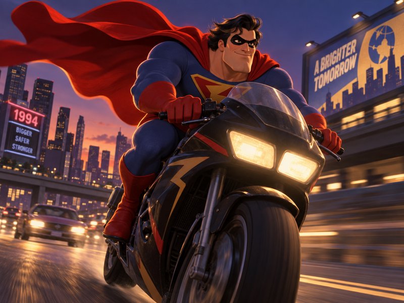 Masked animated superhero with a flowing red cape rides a speeding motorcycle through a twilight city highway