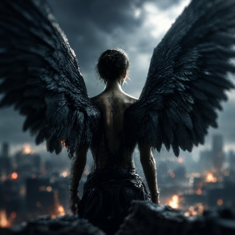 Fallen angel with large black wings stands overlooking a burning city under a stormy sky