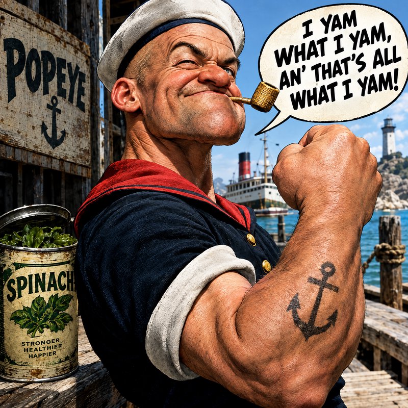 Realistic depiction of Popeye the Sailor flexing his arm beside an open spinach can on a sunny harbor dock