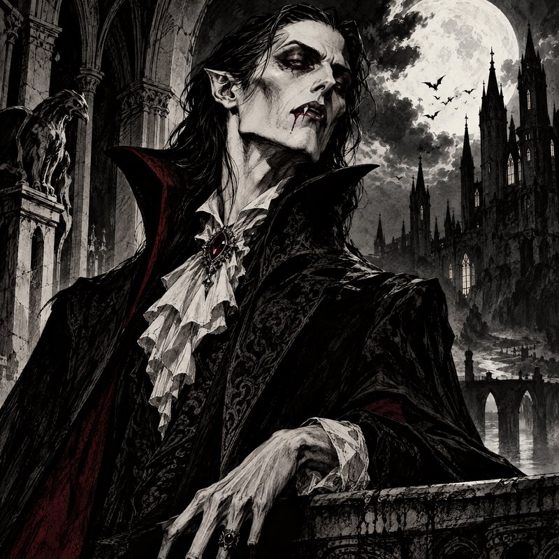 Pale gaunt vampire lord leans on a gothic castle balcony under a bright full moon