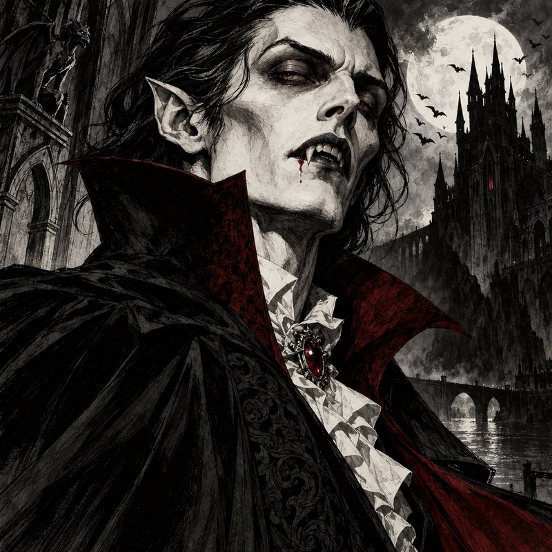 Menacing gothic vampire with fangs stands before a towering castle beneath a glowing full moon