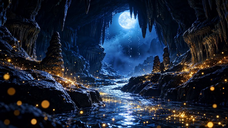 Enchanted limestone cave with an underground river, full moon glowing through the cave entrance and floating golden sparkles