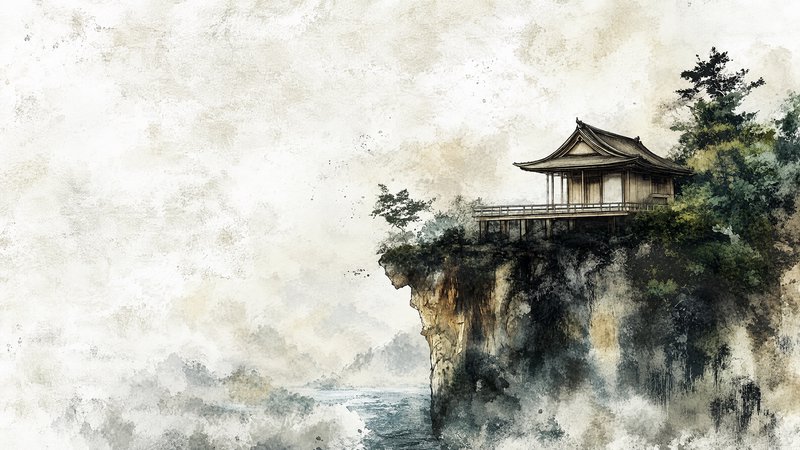 Traditional Japanese wooden temple perched on a rocky cliff above misty coastal waters in ink wash style