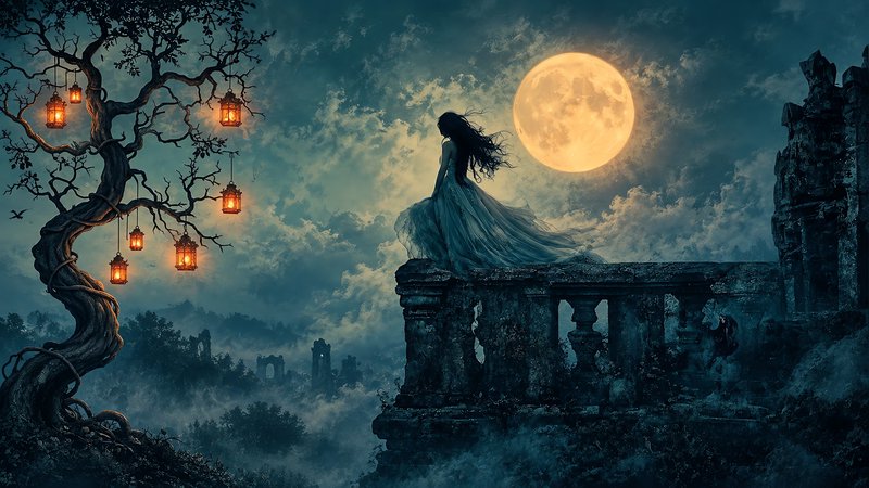 Ethereal woman in a flowing gown sits on ancient ruins beneath a glowing full moon beside a lantern-hung twisted tree