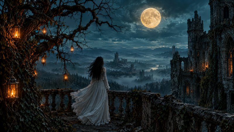 Woman in a flowing white gown stands on a ruined castle balcony overlooking misty valleys under a bright full moon