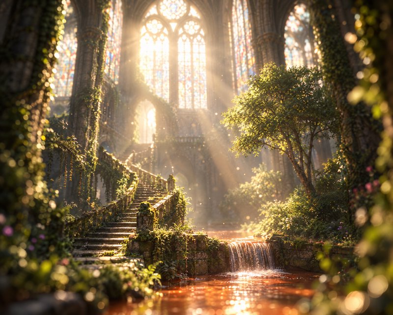 Sunbeams stream through stained glass into an overgrown abandoned gothic cathedral with a stone staircase and small waterfall
