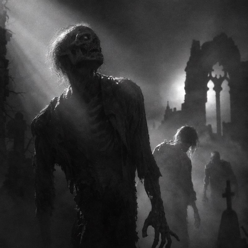 Decaying skeletal undead zombies rise through thick fog in a crumbling gothic graveyard
