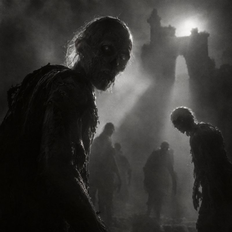 Decayed lurching undead zombies advance through fog before a crumbling gothic castle ruin