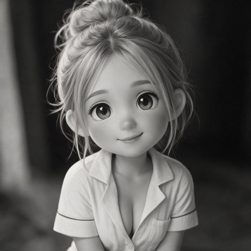 Grayscale portrait of a sweet animated girl with a messy top bun and big soft eyes smiling gently