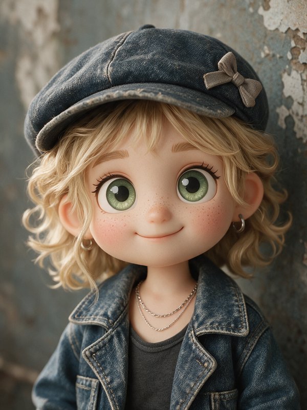 Cute chibi 3D character with large green eyes wearing a denim newsboy cap and jacket