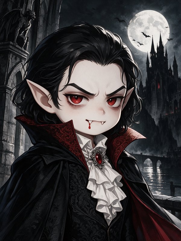Chibi style young vampire with red eyes and fangs stands before a gothic castle under a glowing full moon