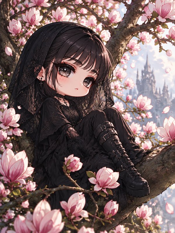 Chibi gothic anime girl sits on a blooming magnolia tree with a distant fantasy castle in the background