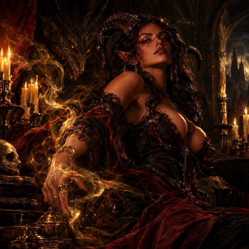 Horned tiefling sorceress conjures glowing golden magic in a candlelit gothic castle chamber beside a looming demon