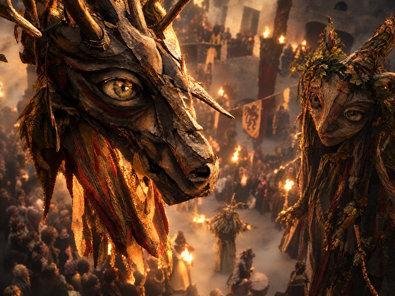 Giant carved wooden folk creature masks loom over a torch-lit medieval village festival procession