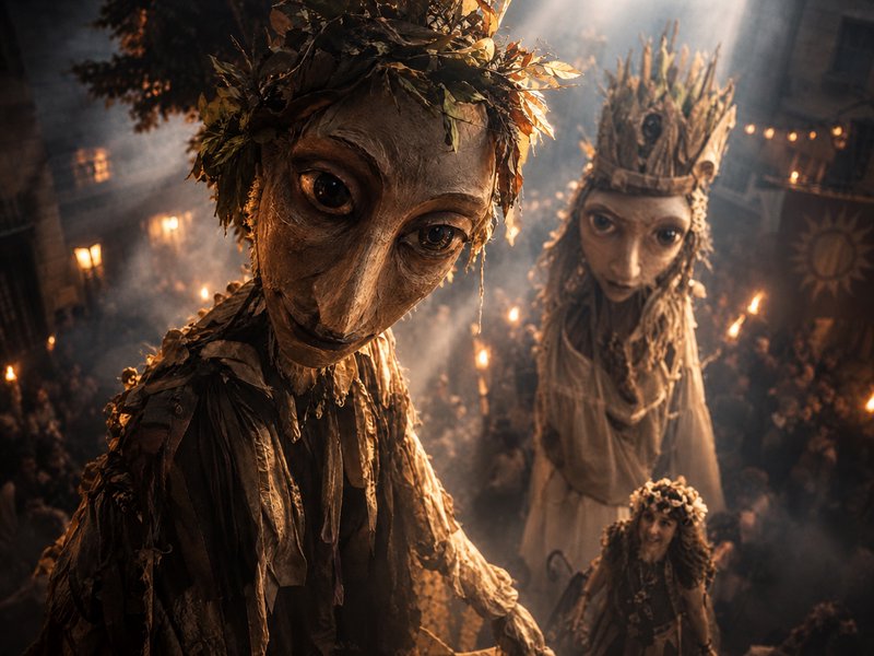 Large carved wooden folk puppets overlook a torchlit misty medieval festival crowd