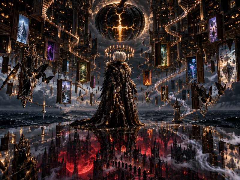 Pumpkin headed robed monarch stands beneath a glowing giant pumpkin in a floating gothic dreamscape