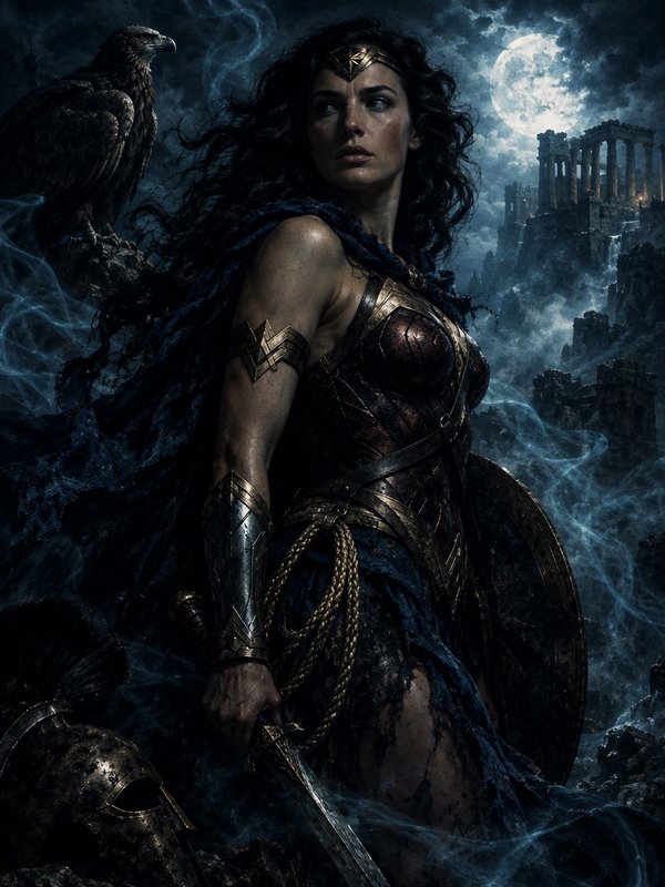 Armored Wonder Woman holds a sword as an eagle perches beside her under a full moon above ancient ruins