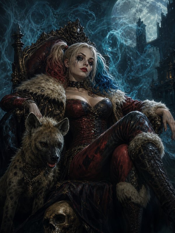 Gothic Harley Quinn sits on an ornate throne beside her pet hyena under a glowing full moon