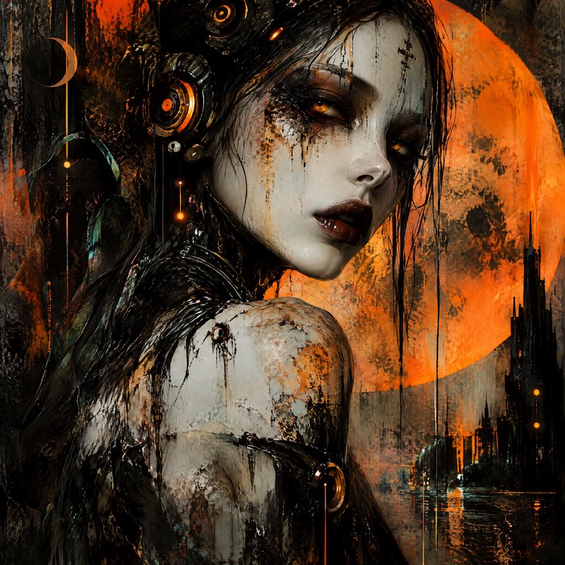 Cyber-gothic woman with glowing orange eyes poses against a large blood moon and dystopian gothic city