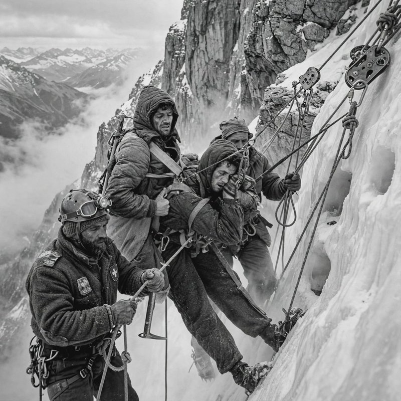 Mountain rescue team assists an exhausted injured climber on a steep icy alpine cliff