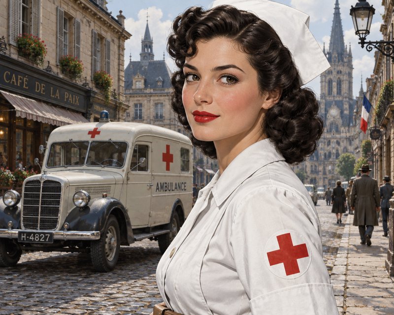 1940s Red Cross nurse standing beside a vintage ambulance on a sunlit French cobblestone street