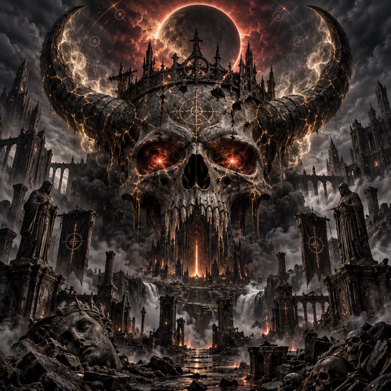 Giant horned demonic skull fortress looms over a hellish gothic landscape beneath a glowing red eclipse