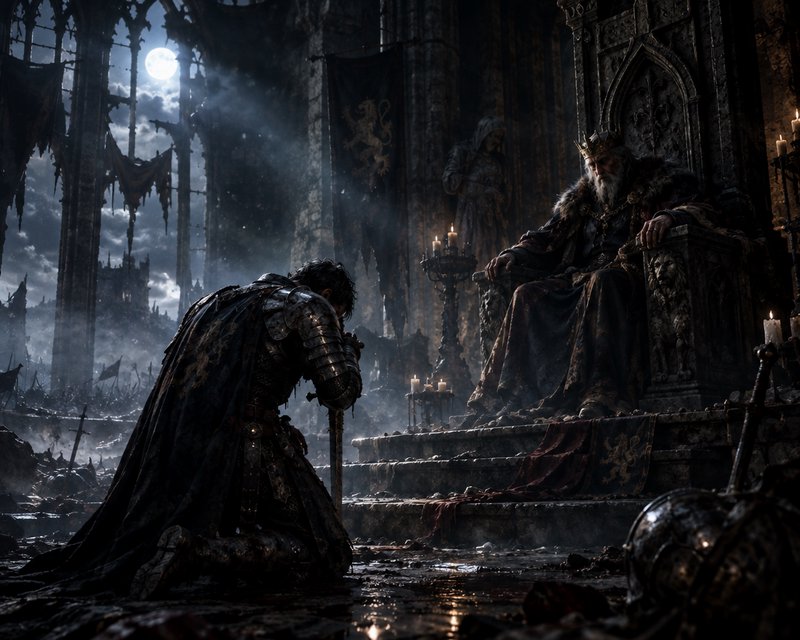 Armored knight kneels before an elderly king seated on a throne in a ruined moonlit castle hall