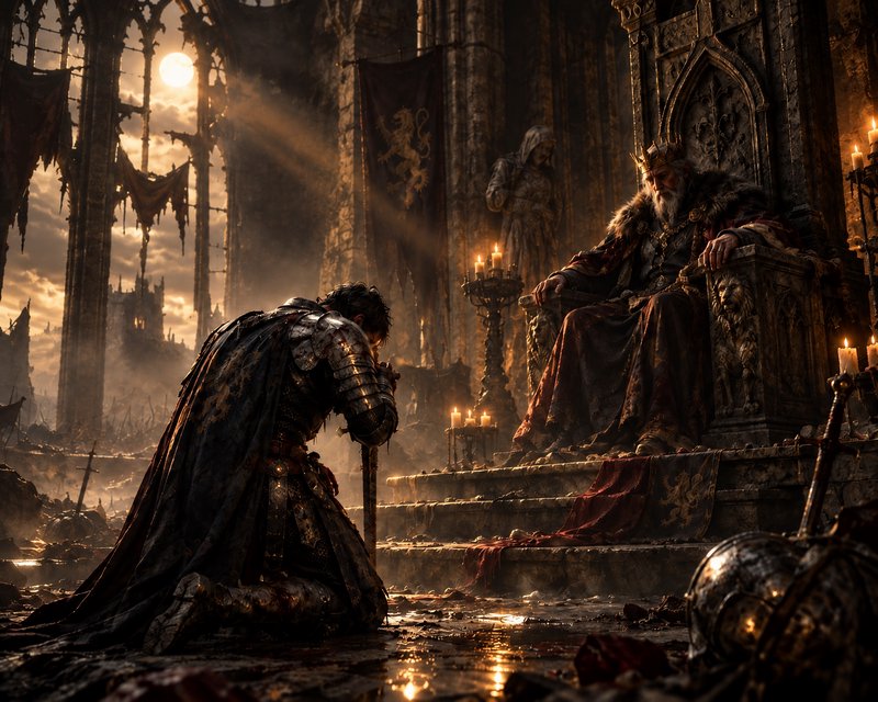 Battle-worn armored knight kneels before an elderly crowned king in a ruined war-torn gothic throne room