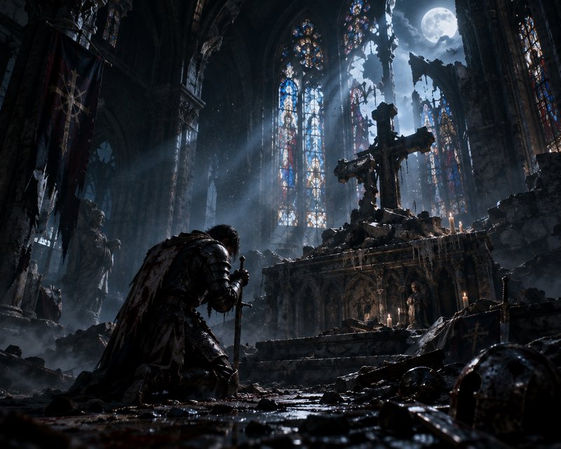 Wounded crusader knight kneels in prayer before an altar inside a ruined moonlit gothic cathedral
