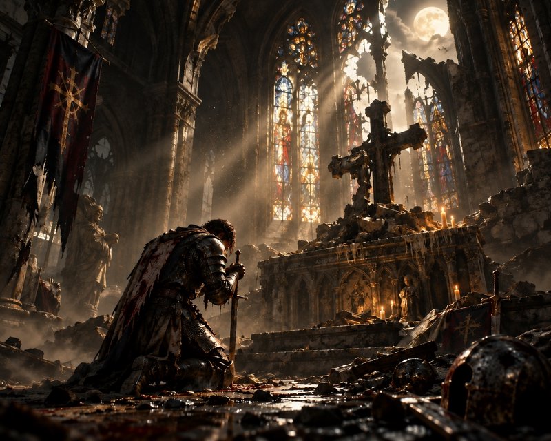 Wounded armored knight kneels in prayer holding his sword inside a crumbling, moonlit gothic cathedral