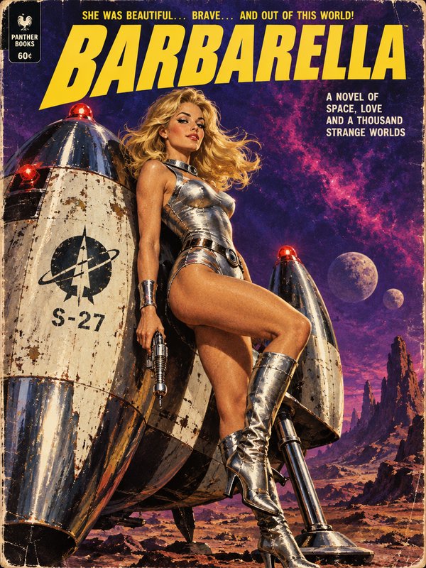 Retro pulp sci-fi cover of Barbarella in a silver spacesuit leaning on a vintage rocket on an alien planet