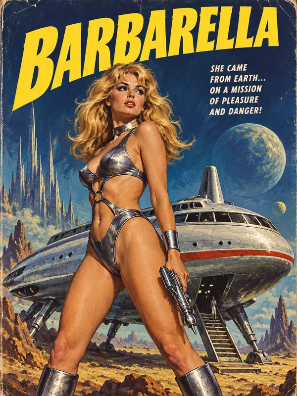 Vintage pulp sci-fi poster of Barbarella holding a ray gun next to her landed spaceship on an alien desert planet