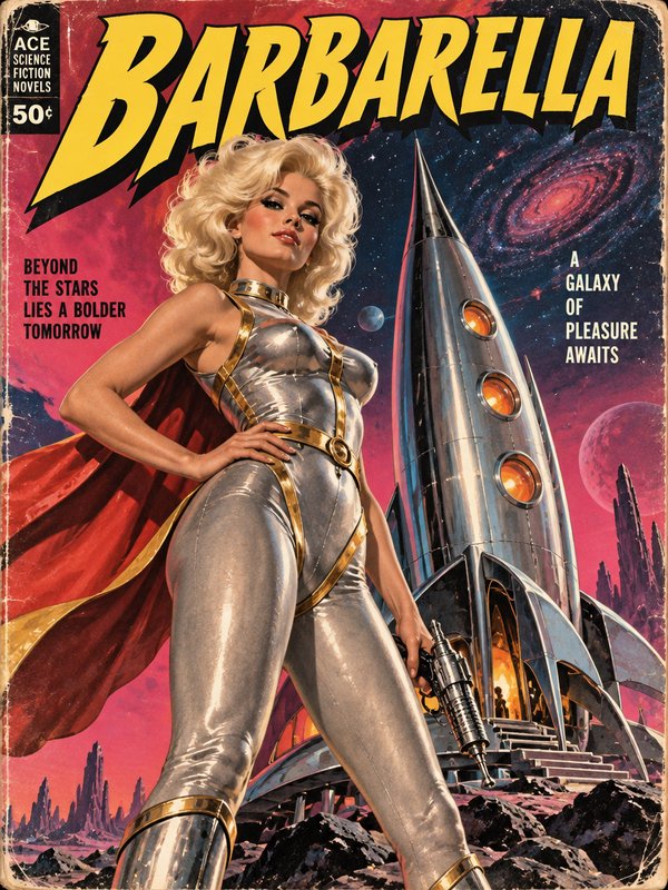 Vintage Barbarella retro pulp sci-fi magazine cover with the space heroine standing beside an atomic rocket on an alien world