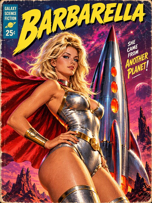 Vintage Barbarella pulp comic cover showing a blonde sci-fi heroine standing beside a retro rocke...