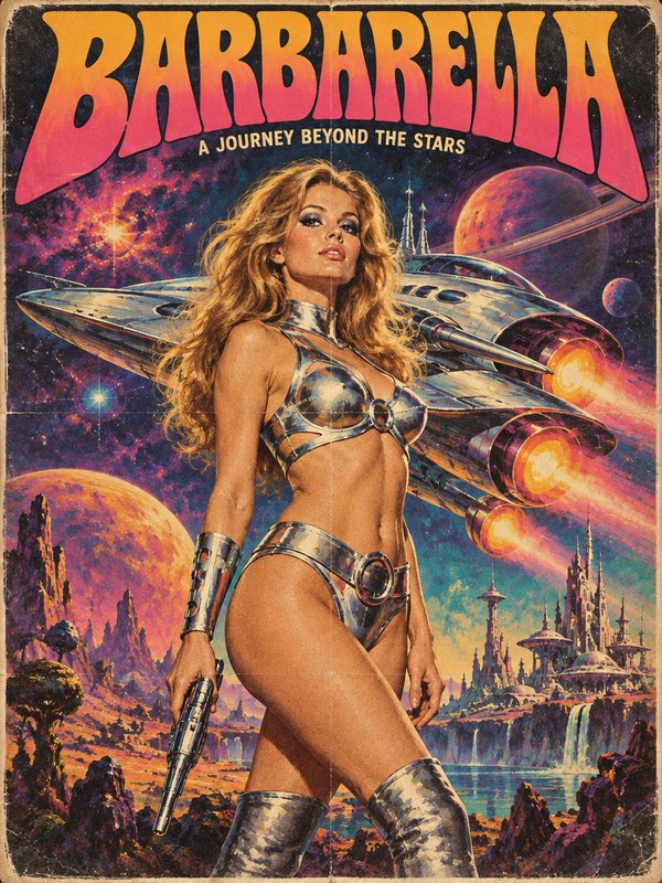 Vintage retro Barbarella sci-fi poster of the iconic space heroine standing before a starship and alien landscape