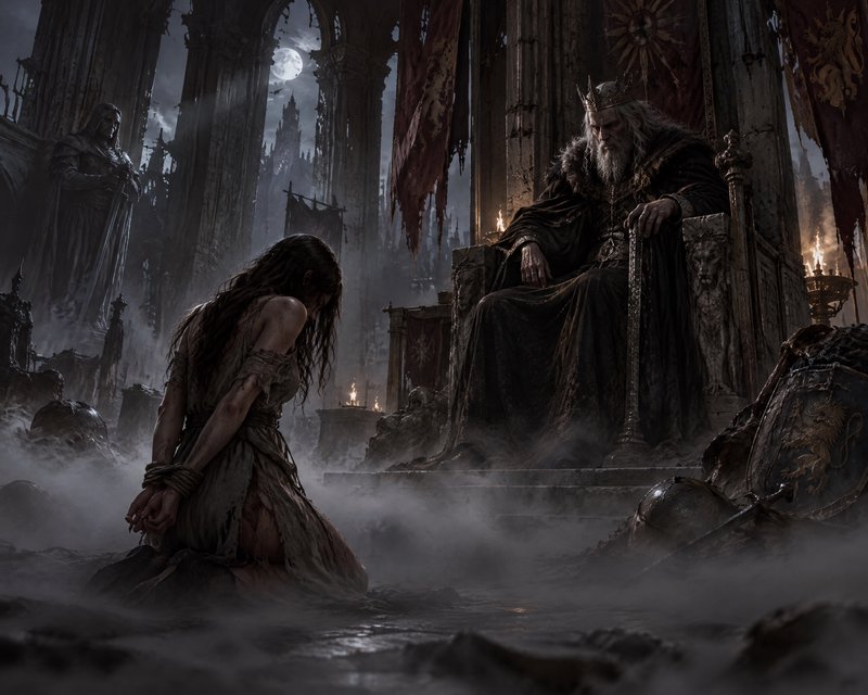 Bound kneeling captive kneels before an elderly crowned king on a crumbling throne in a misty moo...