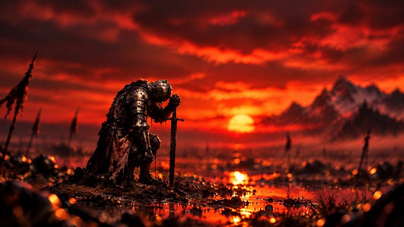 Wounded medieval knight kneels on a bloodied battlefield leaning on his sword under a fiery red sunset