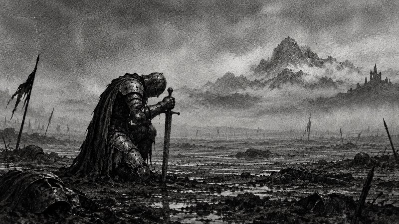 Battle-worn armored knight kneels on a ravaged muddy battlefield, leaning on his broadsword